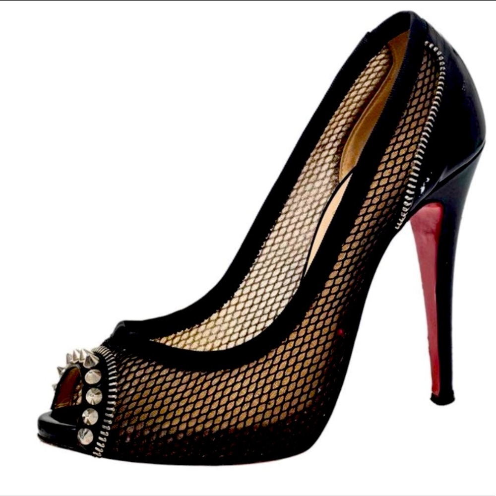 Christian Louboutin Black Mesh And Patent Leather Spiked Shawnita Peep Toe Pumps